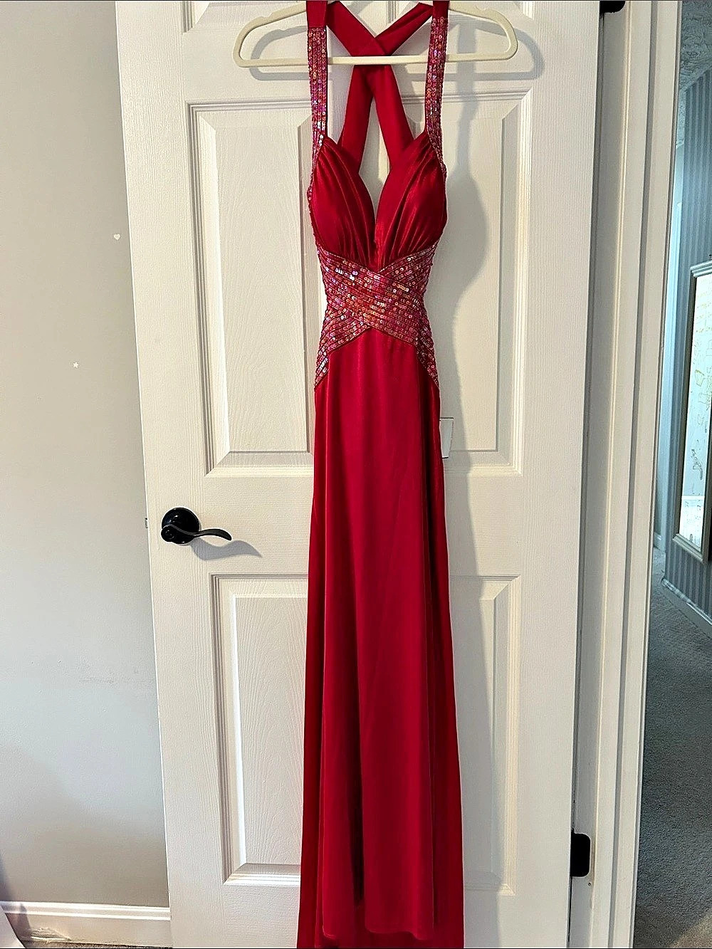 Masquerade Sequin Halter Floor-Length Dress Cherry Red Size 7 NWT